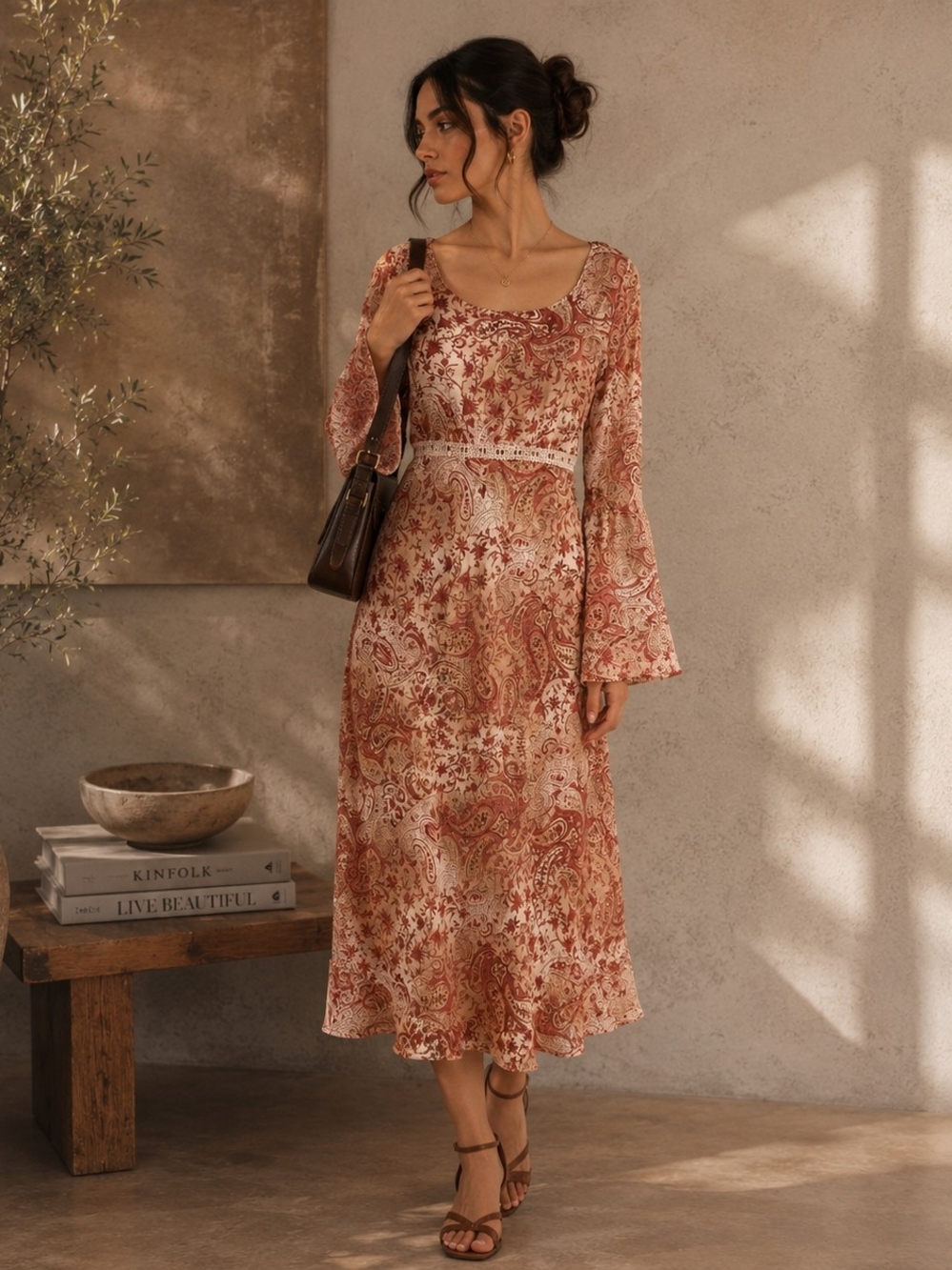 Vtg 90s Brown Paisley Dress Sz 10 Beige Crochet Maxi Whimsigoth Woodland Fairy
